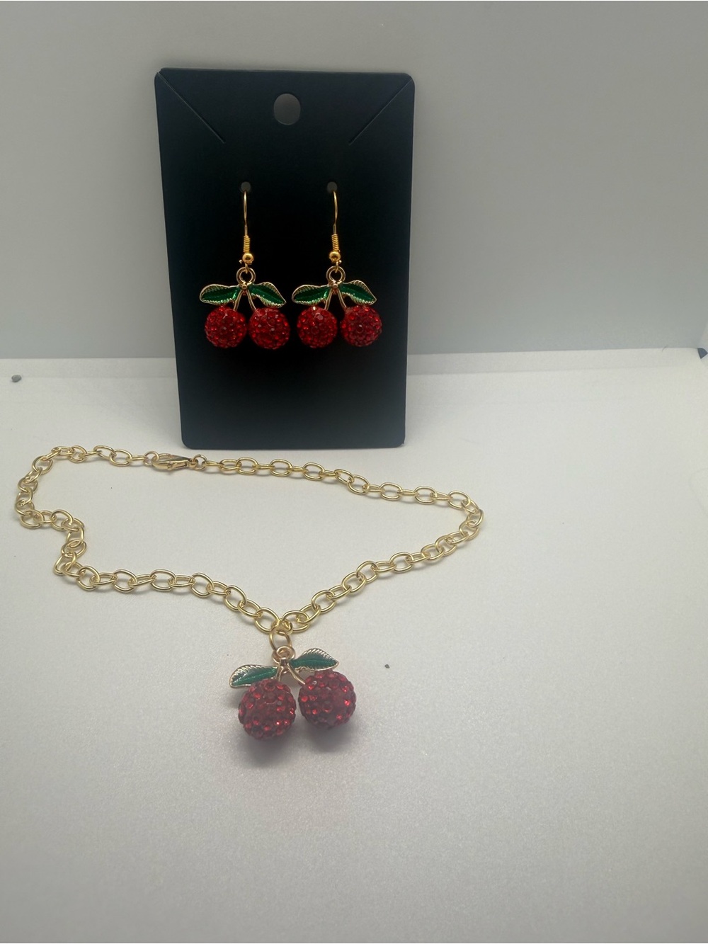 Gold Cherry Pendant Necklace and Earrings Set - Red